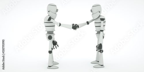 Negotiations robots ended with agreement on cooperation, side view, 3d render