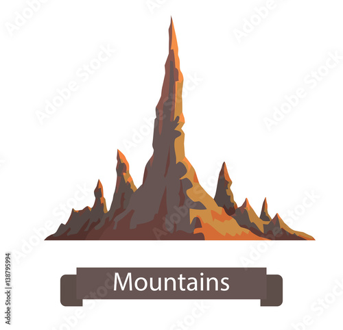 Vector cartoon image of brown mountain with seven sharp peaks on a white background. Nature, climbing, background. Vector illustration. Banner with inscription "Mountains".