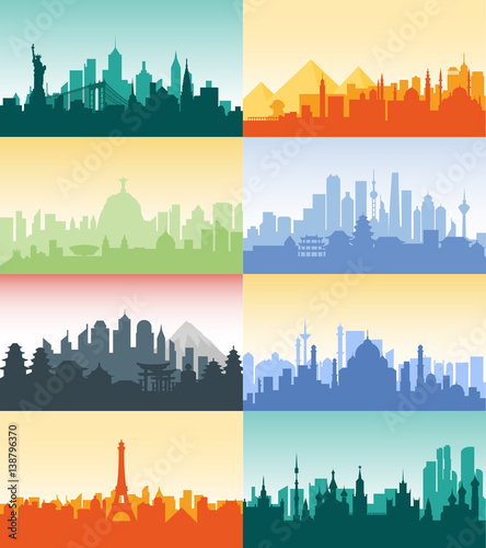 Brazil Russian France, Japan, India, Egypt China USA silhouette architecture buildings town city country travel