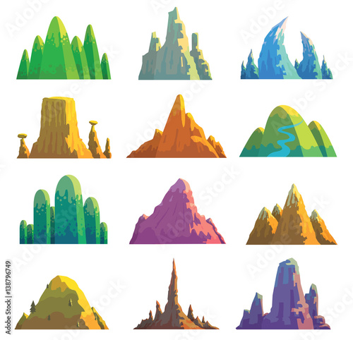 Vector set of twelve cartoon images of various mountains of different colors and shapes on a white background. Nature, climbing, background. Vector illustration.