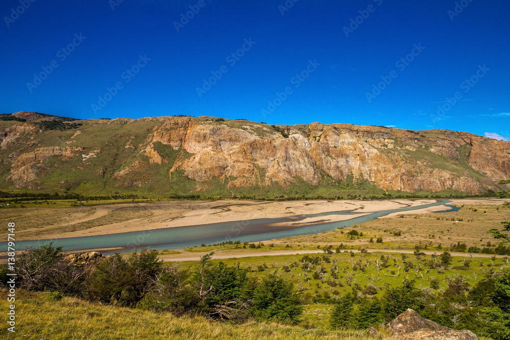 Beautiful landscape view on the river valley with mountains, Patagonia.