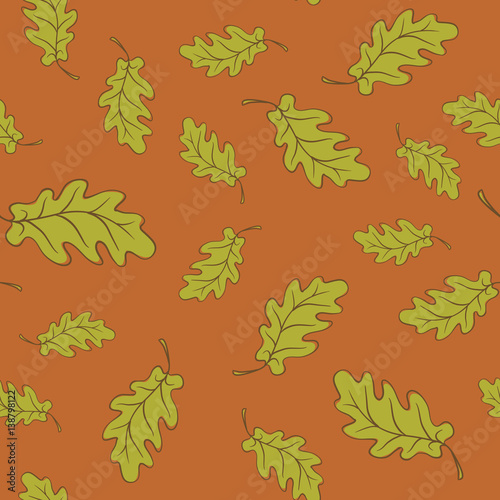 Vector seamless floral pattern with decorative green oak leaves on an orange background. Wallpaper, textile, tissue, background. Vector illustration.