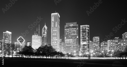 Black and white panoramic picture of Chicago downtown at night  Illinois  USA.
