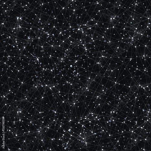 Abstract vector cosmic galaxy black background with nebula, stardust, bright shining stars, and geometric pattern.