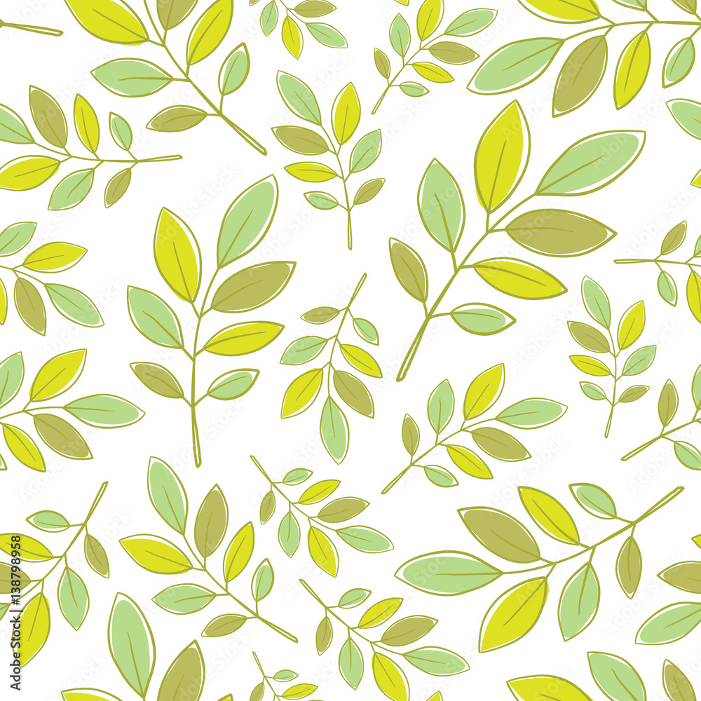 Vector seamless floral pattern with decorative green leaves on a white background. Wallpaper, textile, tissue, background. Vector illustration.