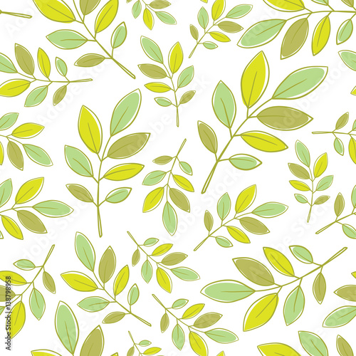 Vector seamless floral pattern with decorative green leaves on a white background. Wallpaper, textile, tissue, background. Vector illustration.