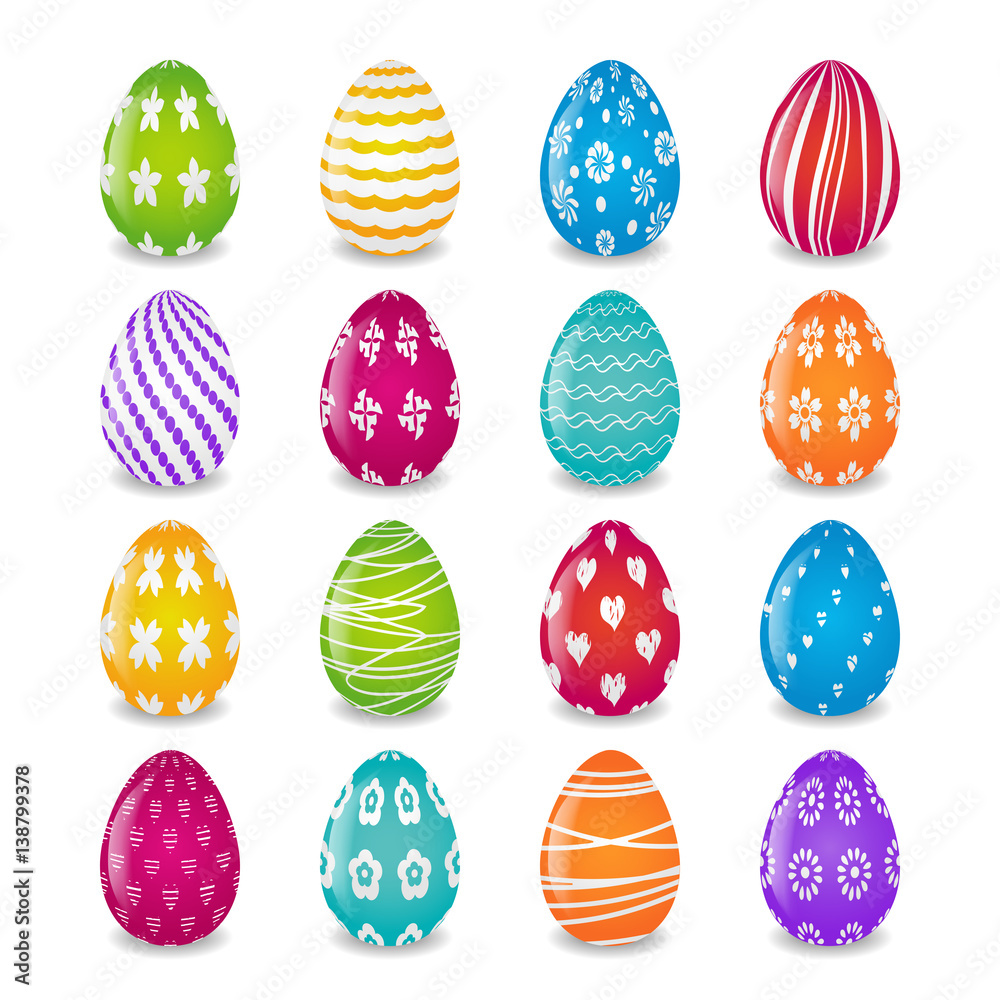 set of 16 colorful eggs with white patterns set of 16 colorful eggs with white patterns