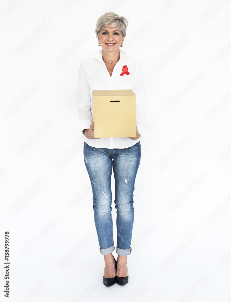 Woman GIving Sharing Donation Box Red Ribbon Charity Concept Woman GIving Sharing Donation Box Red Ribbon Charity Concept