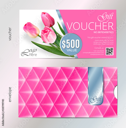 Gift voucher template with pink tulip flowers. Vector Abstract background. Concept for boutique, jewelry, floral shop, beauty salon, fashion, flyer, banner design. Gift voucher design