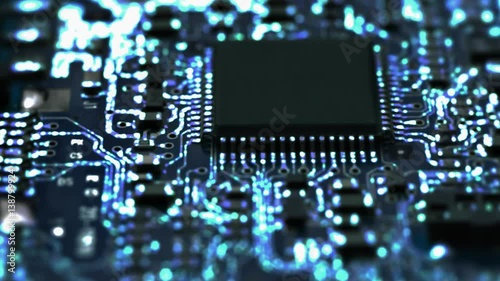 Circuit Board / Processor Chips / Data Streams. Macro tracking over circuit board with conceptual image of the blue electrical signals flowing in electrical conductors.
