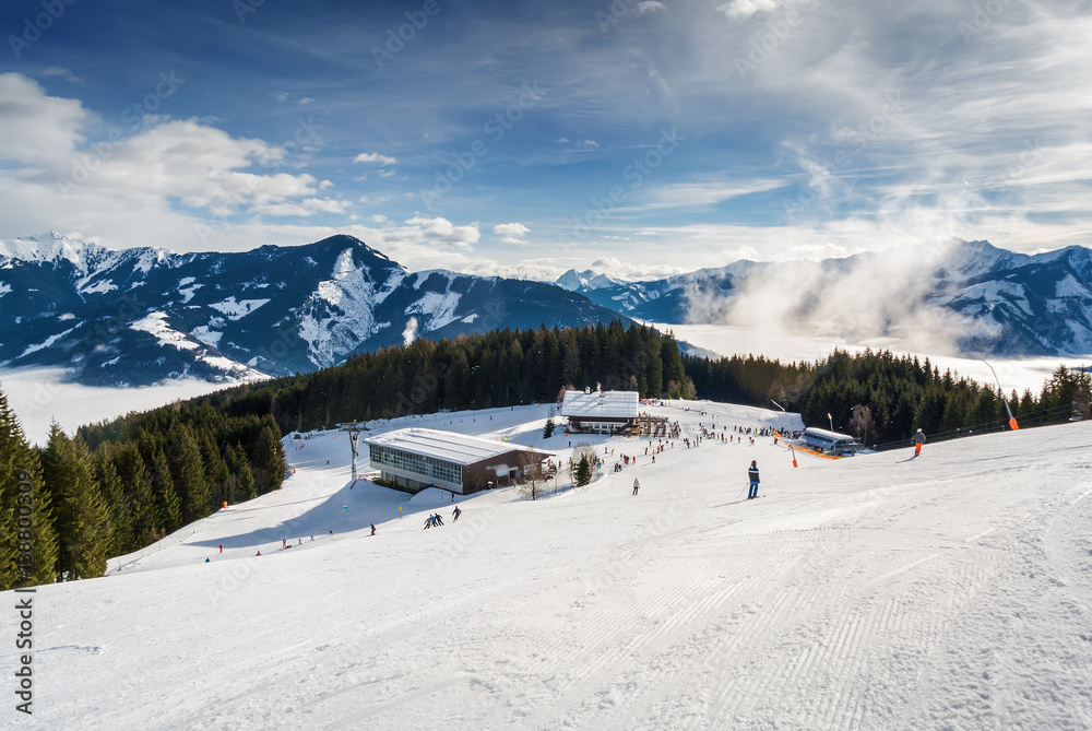 Sunny view of ski slope near Zell am Zee, Austria.