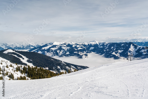Sunny view of ski slope near Zell am Zee, Austria.