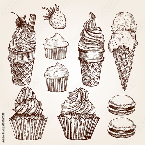 Hand drawn ice creams and desserts