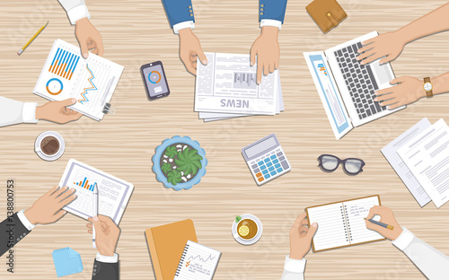 Teamwork, business meeting concept. Planning, reports, corporate managemen. Business people at the desk with documents, laptop, tablet, notebook, calculator, phone, graphics, newspaper, cups. Vector