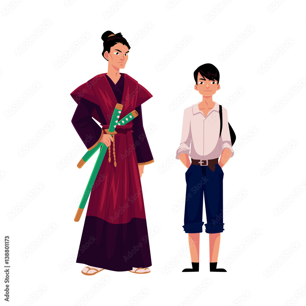 Japanese people - samurai in historical costume and typical schoolboy, cartoon vector illustration isolated on white background. Japanese samurai and schoolboy, typical, stereotypical people of Japan