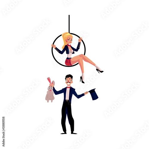 Circus performers - magician conjuring rabbit out of hat and acrobat sitting on aerial hoop, cartoon vector illustration isolated on white background. Magician and acrobat circus performers