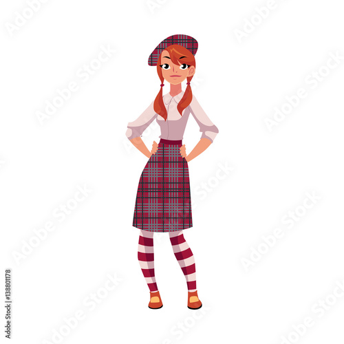 Youn girl in traditional Scottish clothes, tartan beret and kilt, cartoon vector illustration isolated on white background. Full length portrait of Scottish woman, young girl in tartan, plaid and kilt