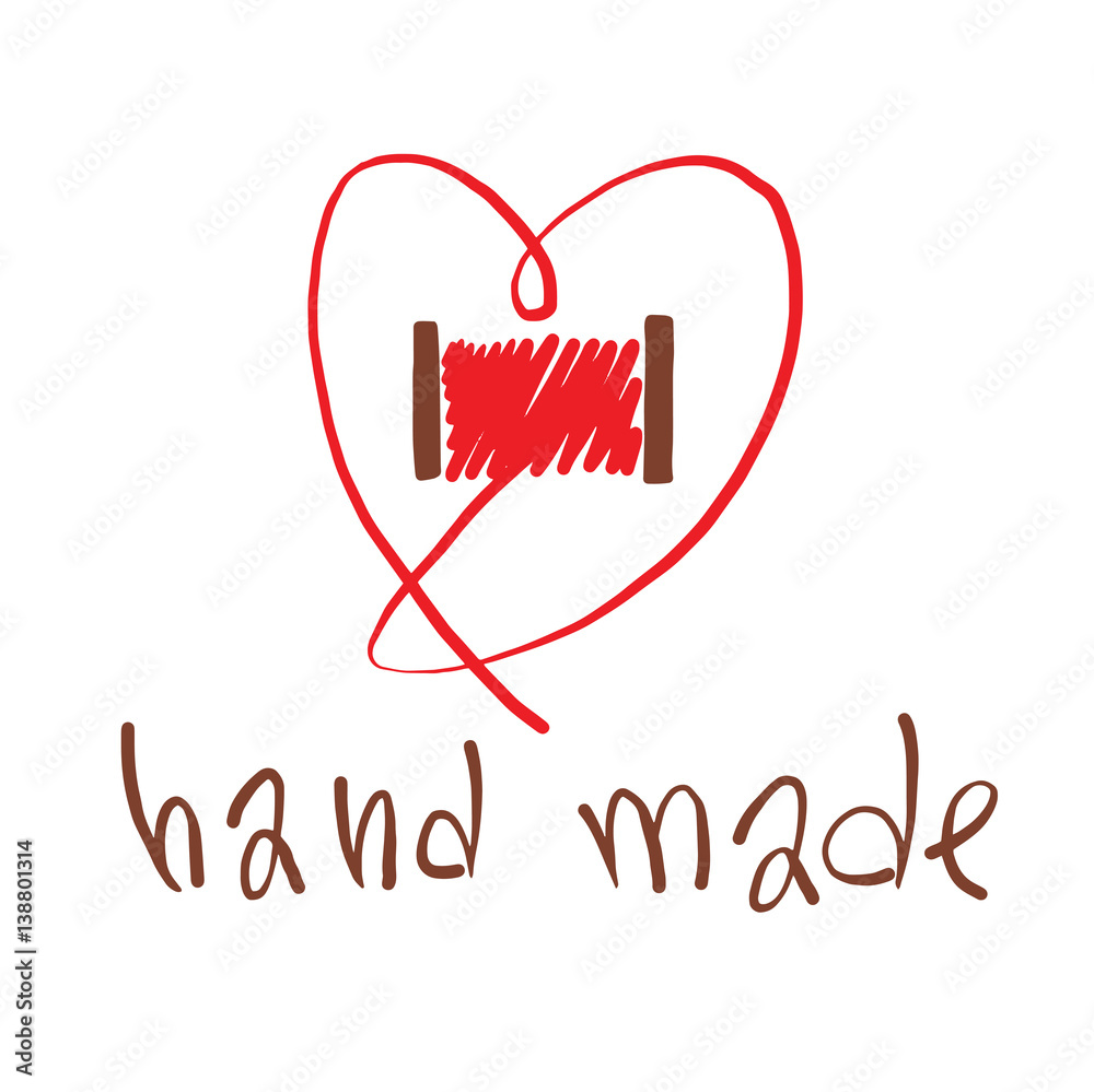 Vector image of the emblem of handmade in the form of a heart symbol from the red thread on a white background. Needlework, craft. Inscription 