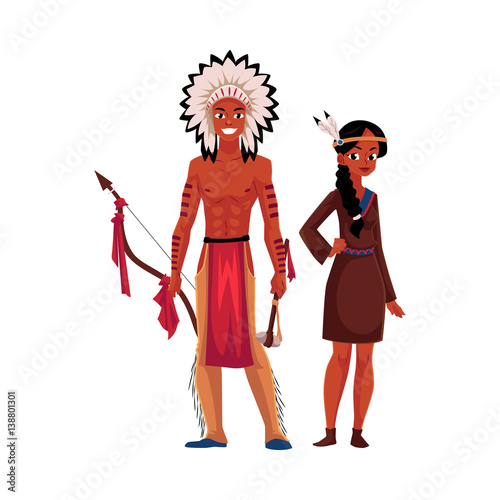 Native American Indian couple in traditional buckskin dress and breechcloth with leggings, cartoon vector illustration isolated on white background. Native American, Indian people in national clothes