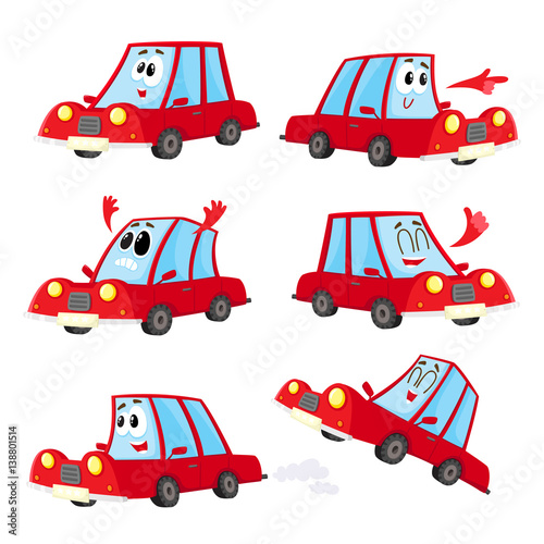 Set of cute and funny red car, auto character with different emotions, cartoon vector illustration isolated on white background. Funny red car character, mascot with human face and various emotions
