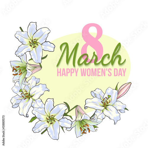 Happy womens day  8 March greeting card  poster  banner design with wreath of white lily flowers  sketch style vector illustration. 8 March  womens day greeting card template with white lily flowers