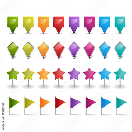 set of flags, map pointers or web buttons