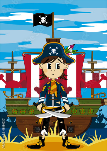 Cute Cartoon Pirate Captain and Ship