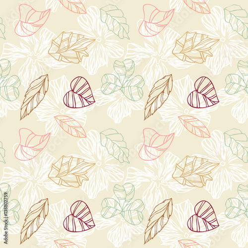 graphic colored stylized leaves and flowers background, seamless pattern