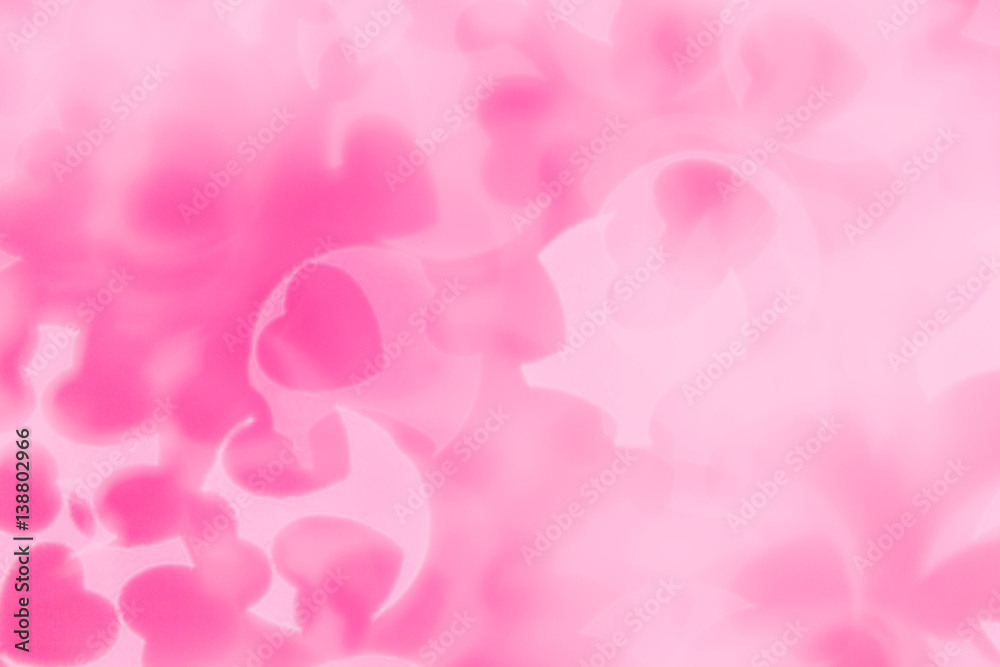  Valentine's day abstract background of soft pink, white bokeh blur hearts. Festive valentine backdrop.