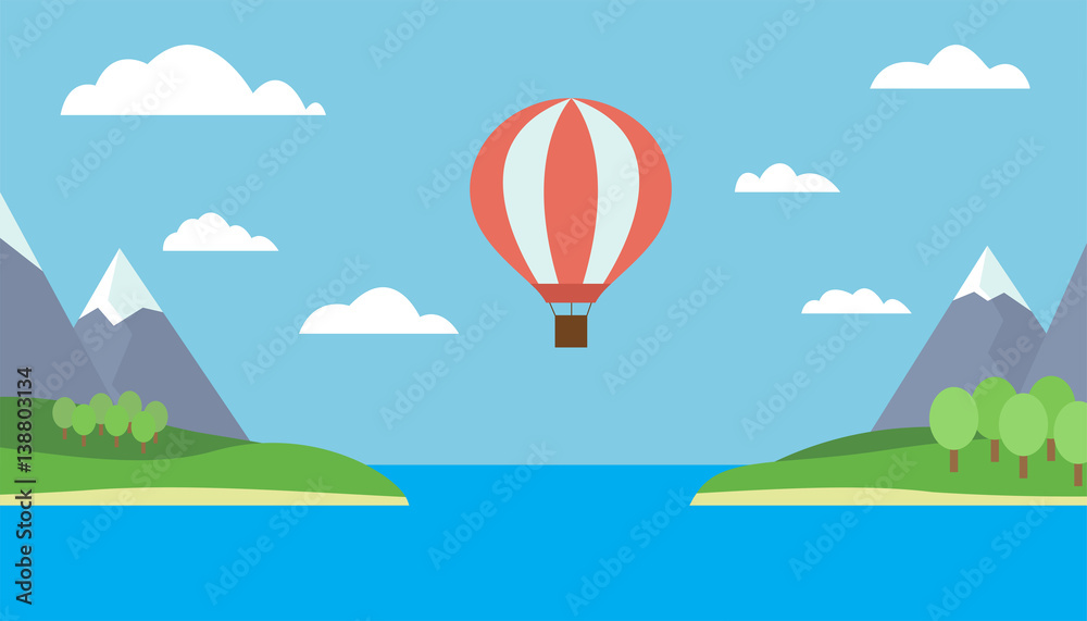 View of a hot air balloon flying over the sea between the two islands, mountains, trees and snow - vector