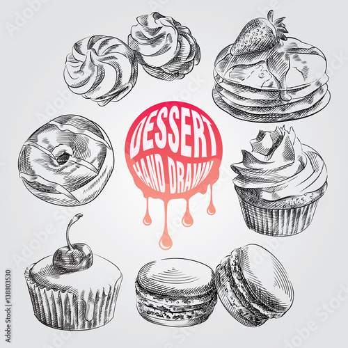 Set of hand drawn sketch desserts isolated on white background and pink blob with drops. Pancakes, donut, cupcakes, macaroons, zephyr sketch elements vector illustration.