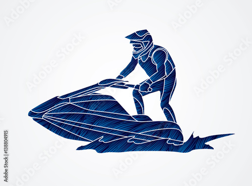 Jet ski action designed using blue grunge brush graphic vector.