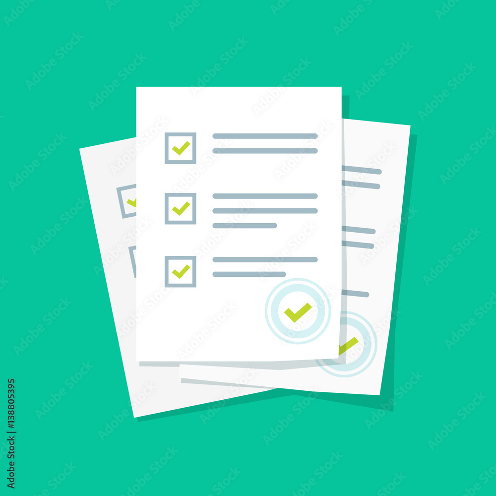 Vetor do Stock: Survey or exam form paper sheets pile with answered quiz  checklist and success result assessment, idea of education test,  questionnaire, document vector illustration flat style | Adobe Stock