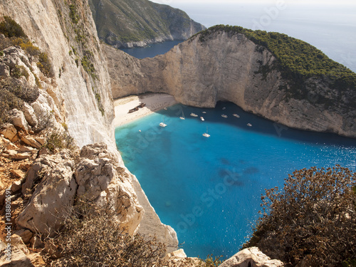 Navagio Beach, or Shipwreck Beach, on the coast of Zakynthos, in the Ionian Islands of Greece.