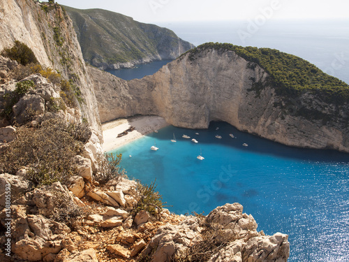 Navagio Beach, or Shipwreck Beach, on the coast of Zakynthos, in the Ionian Islands of Greece.