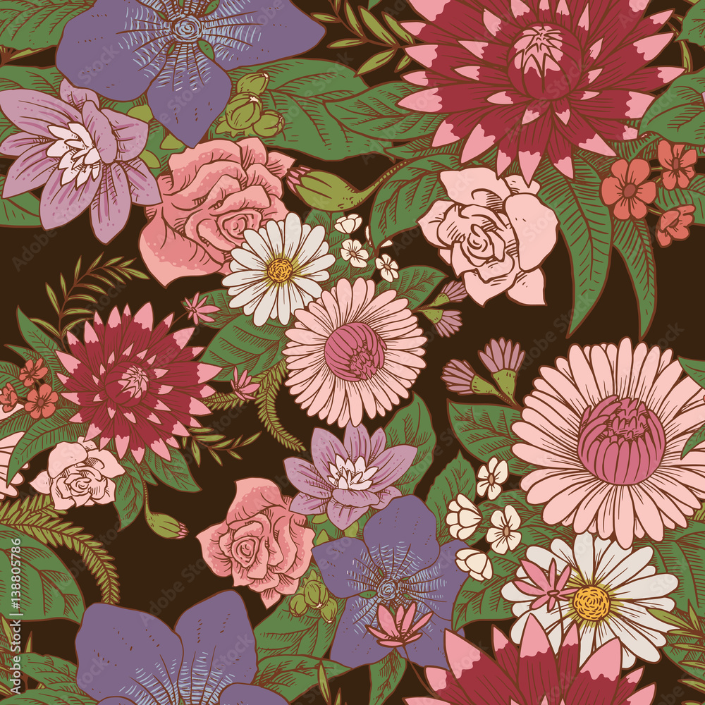 Vector seamless floral pattern with beautiful various flowers of different colors with green leaves on a dark background. Wallpaper, background, wrapping paper. Color image. Vector illustration.