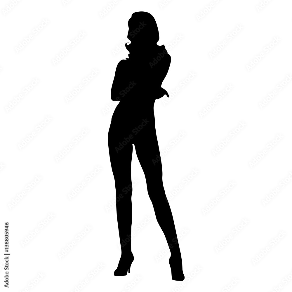 Attractive woman standing, isolated vector silhouette