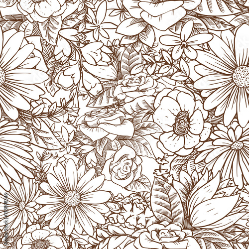 Vector seamless floral pattern with beautiful various flowers with leaves on a white background. Wallpaper, background, wrapping paper. Made in monochrome style. Line art. Vector illustration.