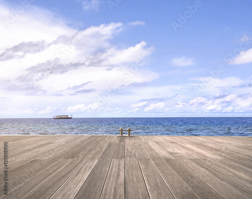 Ocean skyline view with empty wood platform photo