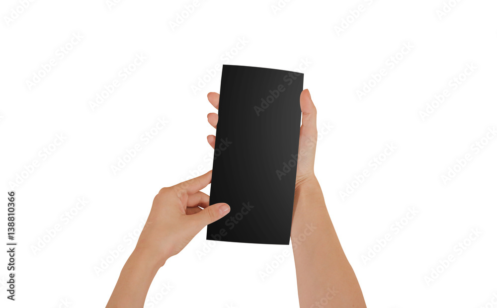 Hands holding blank black brochure booklet in the hand. Leaflet presentation. Pamphlet hand man. Show offset paper. Sheet template. Book in hands. Booklet folding design. Isolated on white background Hands holding blank black brochure booklet in the hand. Leaflet presentation. Pamphlet hand man. Show offset paper. Sheet template. Book in hands. Booklet folding design. Isolated on white background