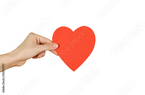 Female hands holding black empty red Valentines card with heart isolated on a white background