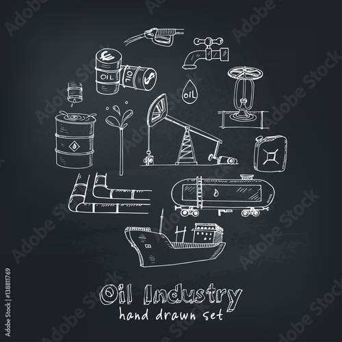 Factory oil industry hand drawn set vector illustration