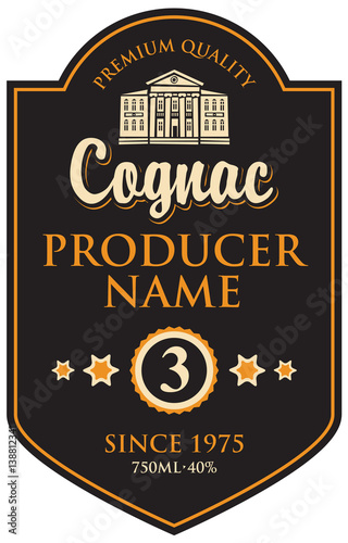 black label for cognac in frame with building