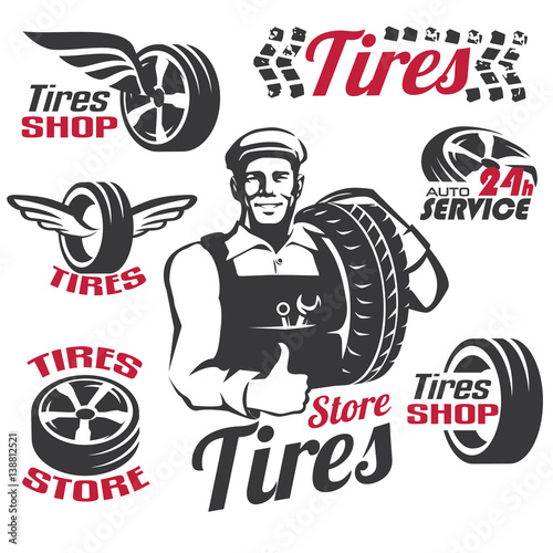 tires shop or service retro emblem and labels collection