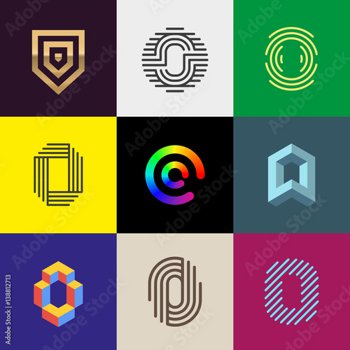 Letter "O" big logo pack. Creative vector monograms. Striped, ribbon, colorful, isometric, linear, 3d logos.Eps10 format.