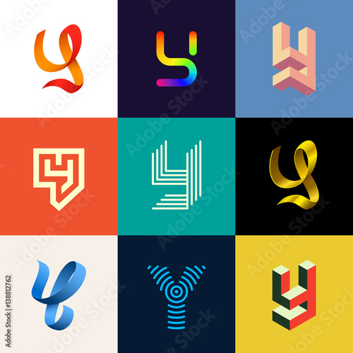 Letter "Y" big logo pack. Creative vector monograms. Striped, ribbon, colorful, isometric, linear, 3d logos.Eps10 format.