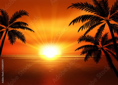 illustration of sunset view in beach with palm tree. Tropical landscape © leezarius