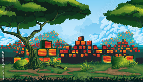 Seamless background - green land, scrapyard of pyramids retro TV