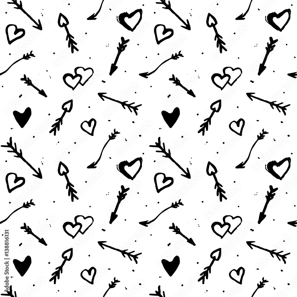 Seamless pattern with black watercolor hearts and arrows. Vector illustration Seamless pattern with black watercolor hearts and arrows. Vector illustration