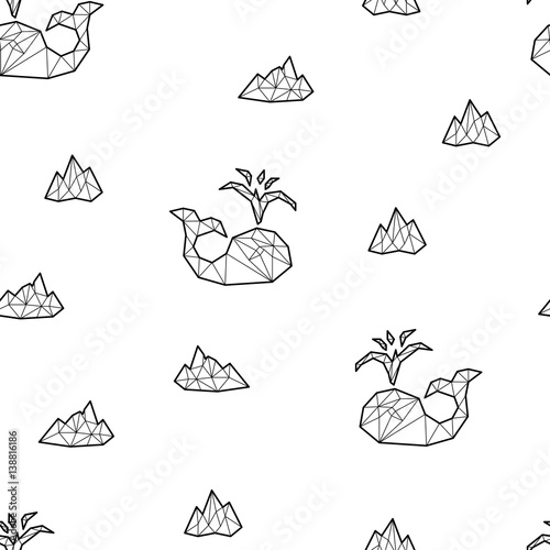Seamless black and white kids tribal vector pattern with whales and ice floes.